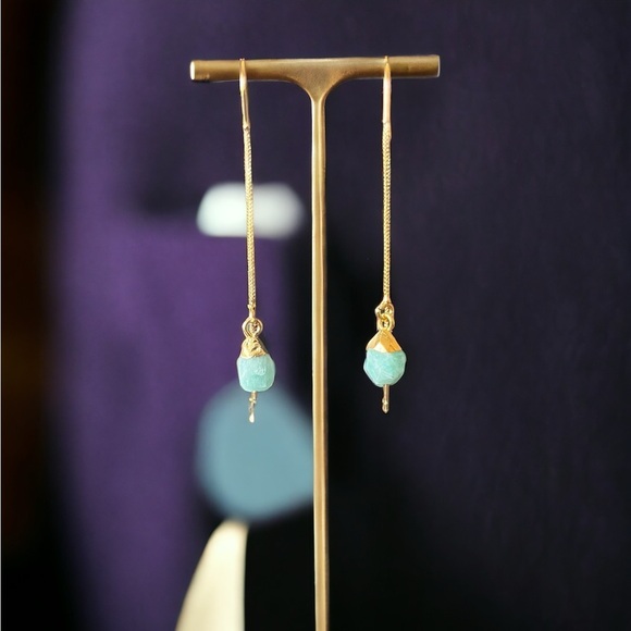 Raw Amazonite Gold Threader Earrings - Picture 2 of 3